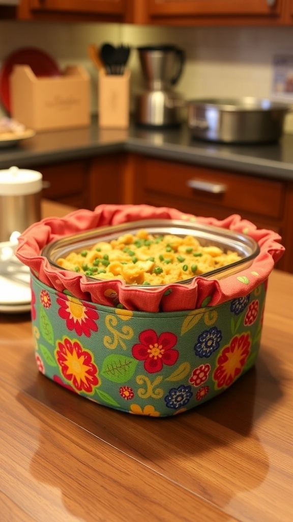 A colorful casserole koozie on a kitchen table with a casserole dish.